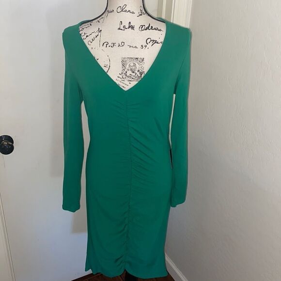 Bebe Green V-Neck Shirred Dress - Picture 4 of 15